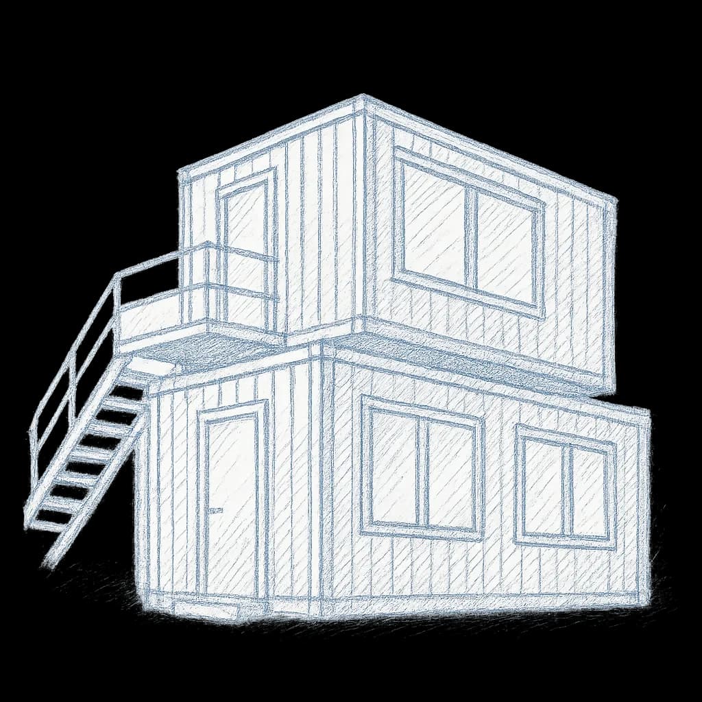 Eine Zechnung von gestapelten Containern, die als Bürocontainer dienen.